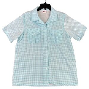 Haband Shirt Womens L Blue Gingham Plaid Button Up Poplin Casual Chore Cottage